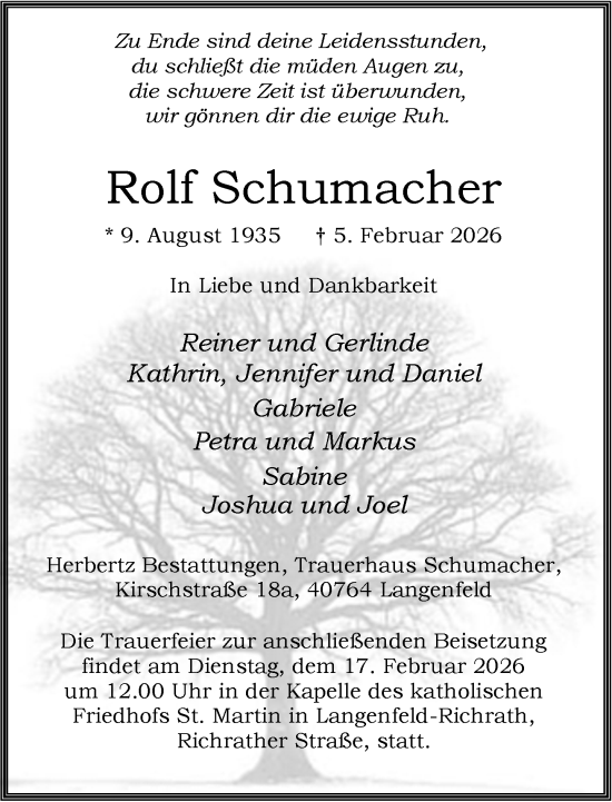 Traueranzeige von Rolf Schumacher von Rheinische Post