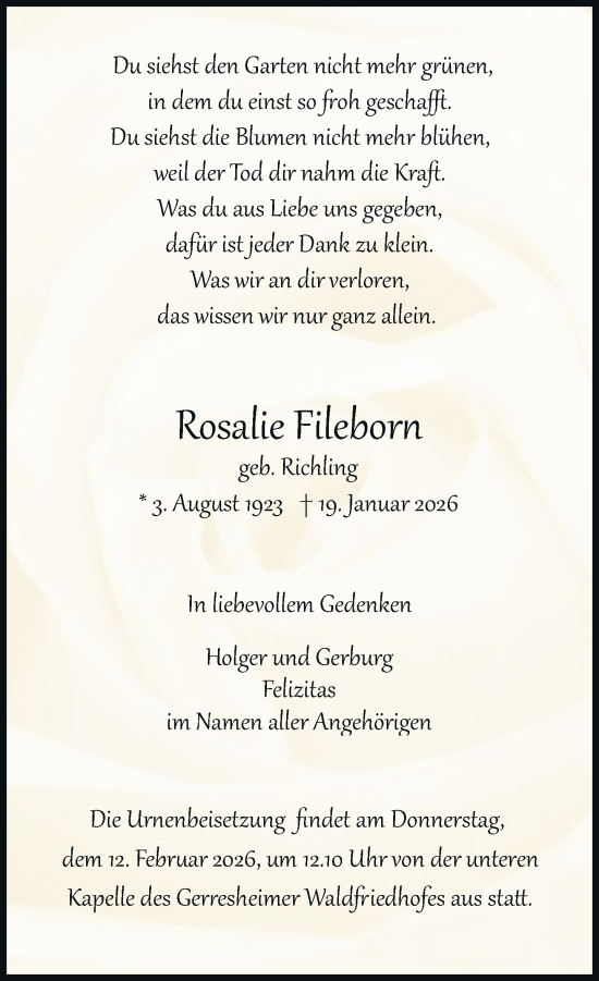 Traueranzeige von Rosalie Fileborn von Rheinische Post