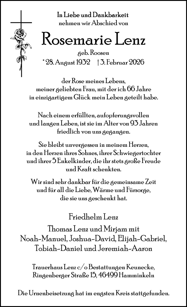  Traueranzeige für Rosemarie Lenz vom 21.02.2026 aus Rheinische Post
