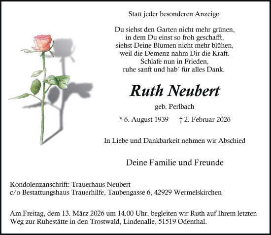 Traueranzeige von Ruth Neubert von Rheinische Post