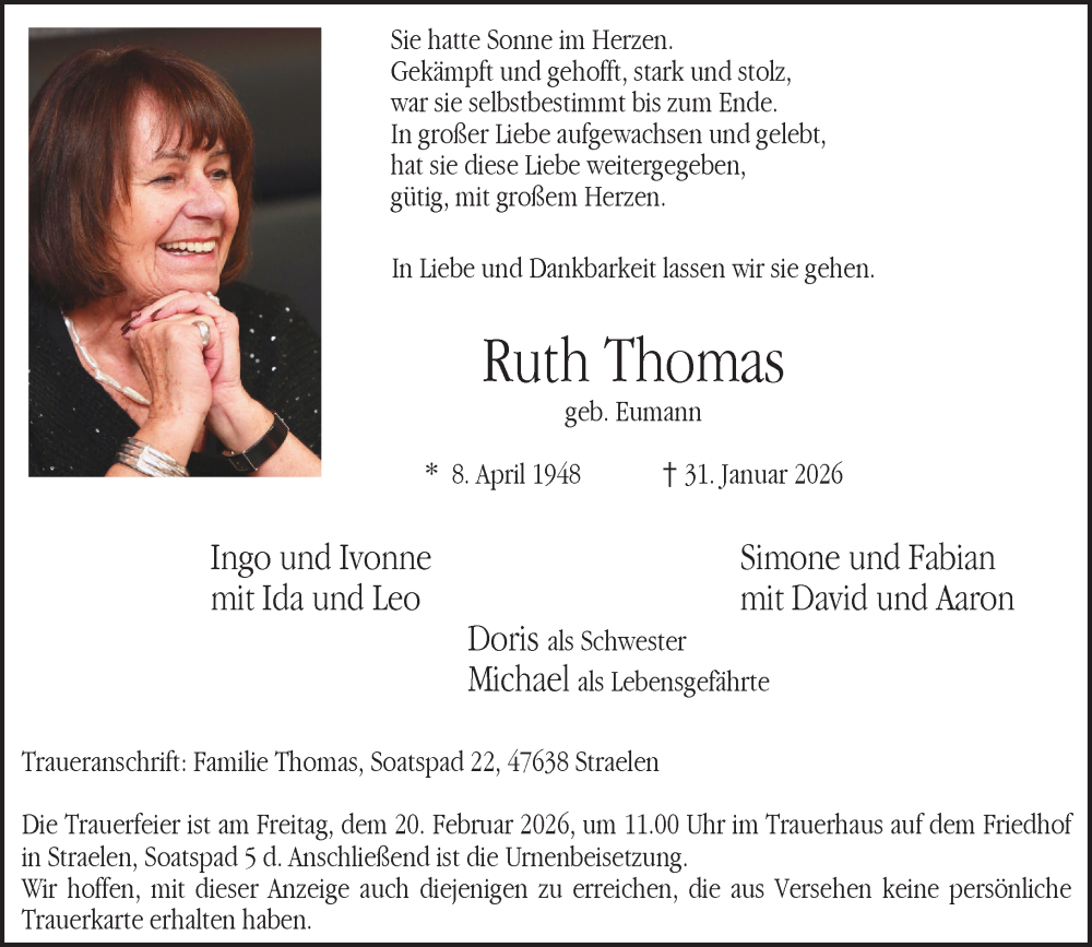  Traueranzeige für Ruth Thomas vom 14.02.2026 aus Rheinische Post