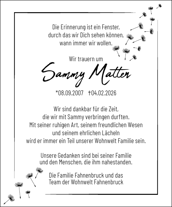 Traueranzeige von Sammy Matten von Rheinische Post