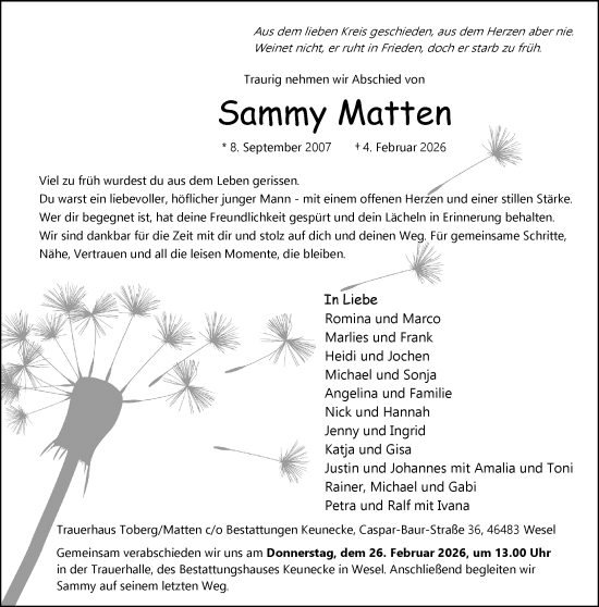 Traueranzeige von Sammy Matten von Rheinische Post