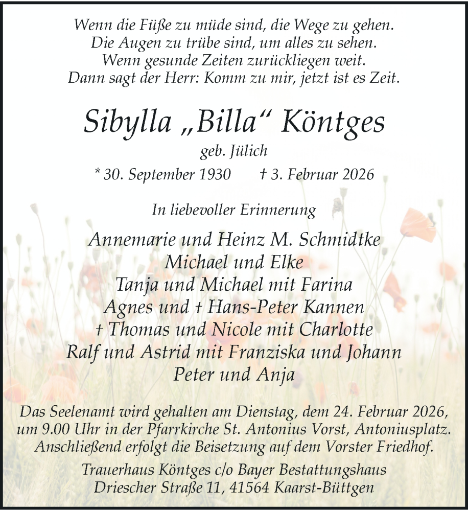  Traueranzeige für Sibylla Köntges vom 07.02.2026 aus Rheinische Post