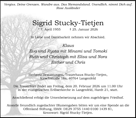 Traueranzeige von Sigrid Stucky-Tietjen von Rheinische Post