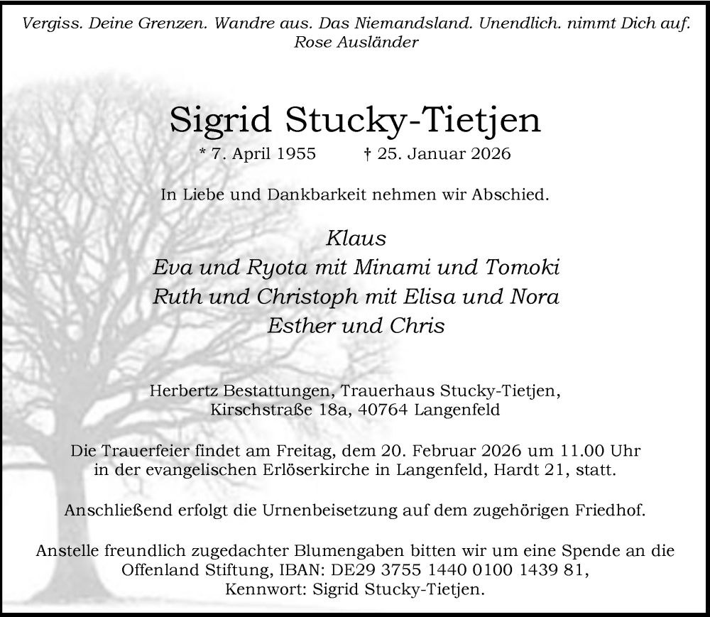 Traueranzeige für Sigrid Stucky-Tietjen vom 07.02.2026 aus Rheinische Post