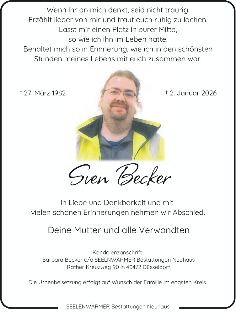  Traueranzeige für Sven Becker vom 21.02.2026 aus Rheinische Post