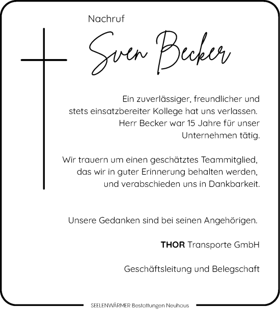 Traueranzeige von Sven Becker von Rheinische Post