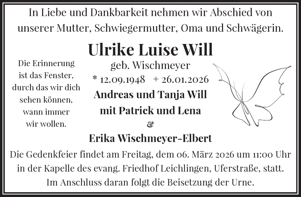  Traueranzeige für Ulrike Luise Will vom 21.02.2026 aus Rheinische Post