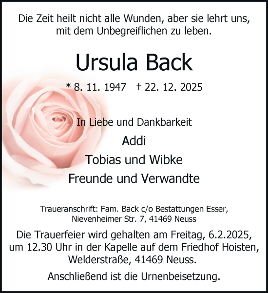 Traueranzeige von Ursula Back von Rheinische Post