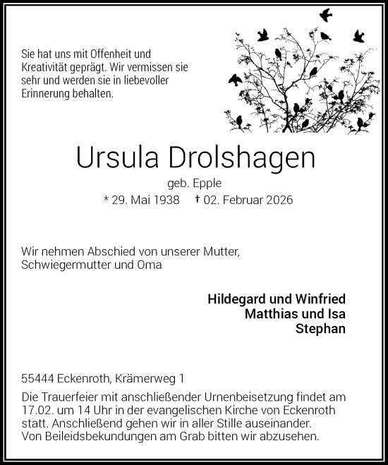 Traueranzeige von Ursula Drolshagen von Rheinische Post