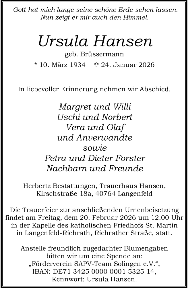  Traueranzeige für Ursula Hansen vom 14.02.2026 aus Rheinische Post