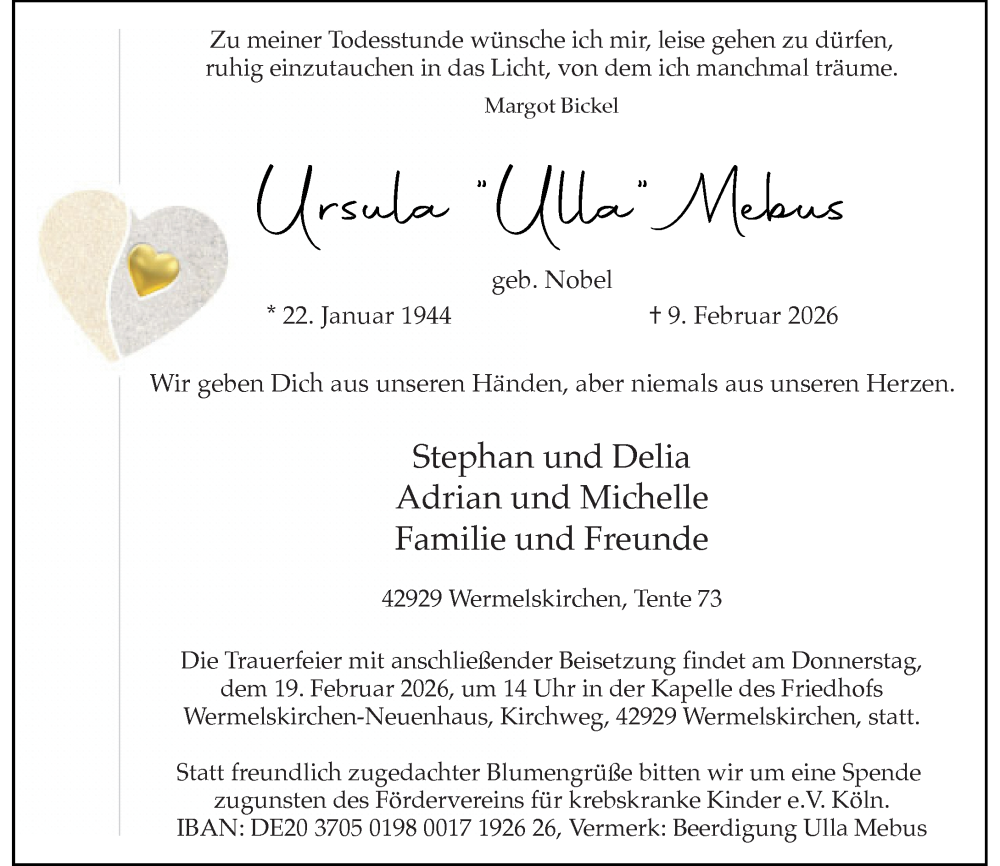  Traueranzeige für Ursula Mebus vom 14.02.2026 aus Rheinische Post
