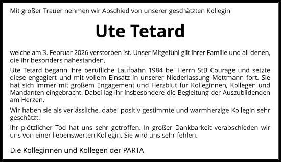 Traueranzeige von Ute Tetard von Rheinische Post