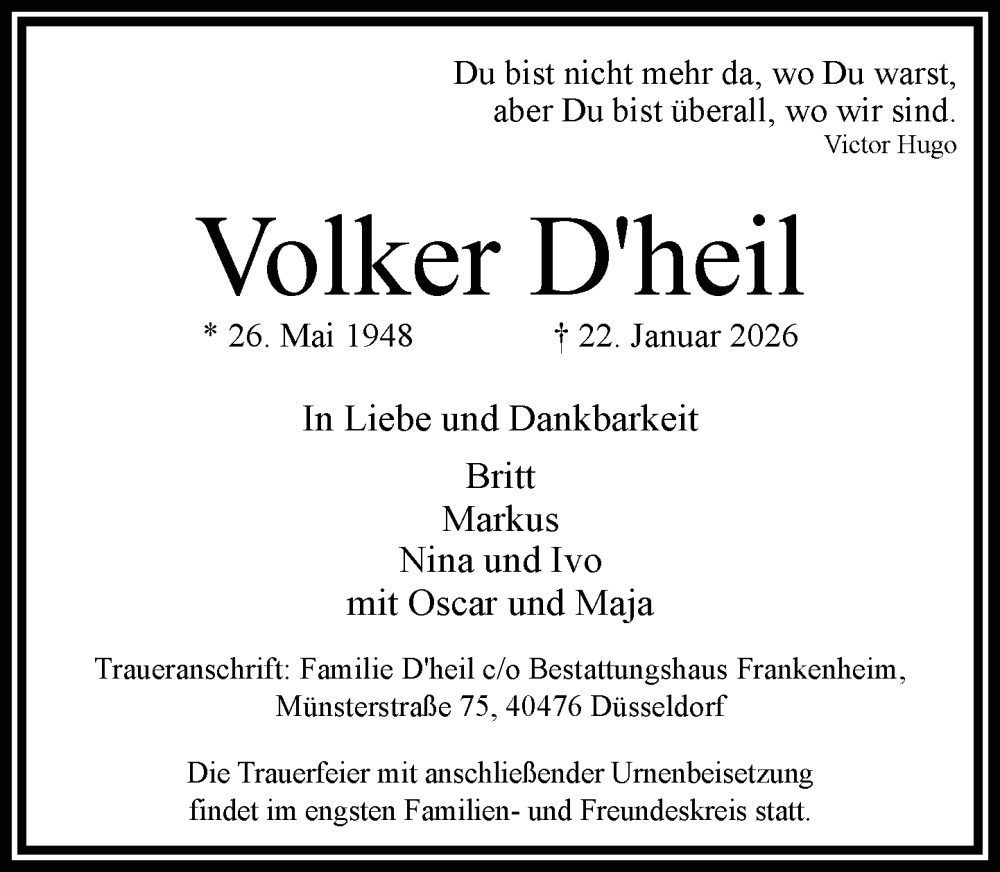  Traueranzeige für Volker Dheil vom 14.02.2026 aus Rheinische Post
