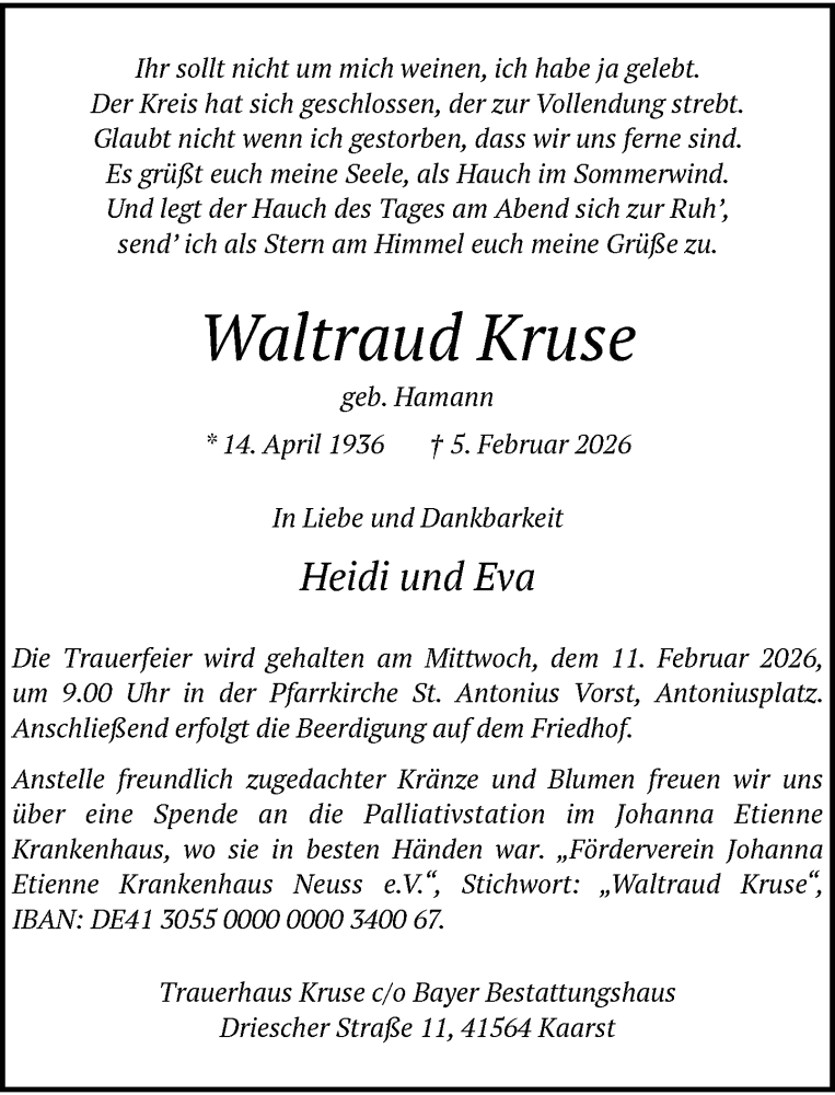  Traueranzeige für Waltraud Kruse vom 07.02.2026 aus Rheinische Post