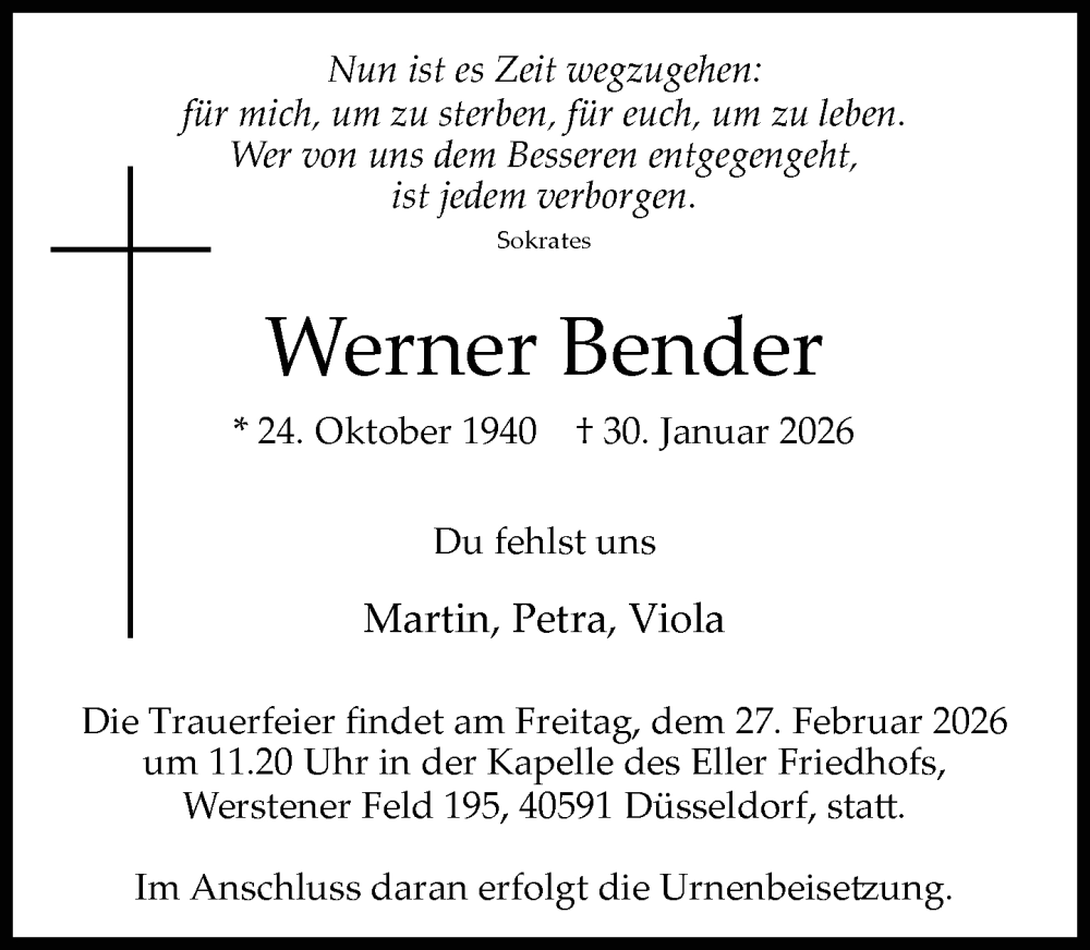  Traueranzeige für Werner Bender vom 14.02.2026 aus Rheinische Post