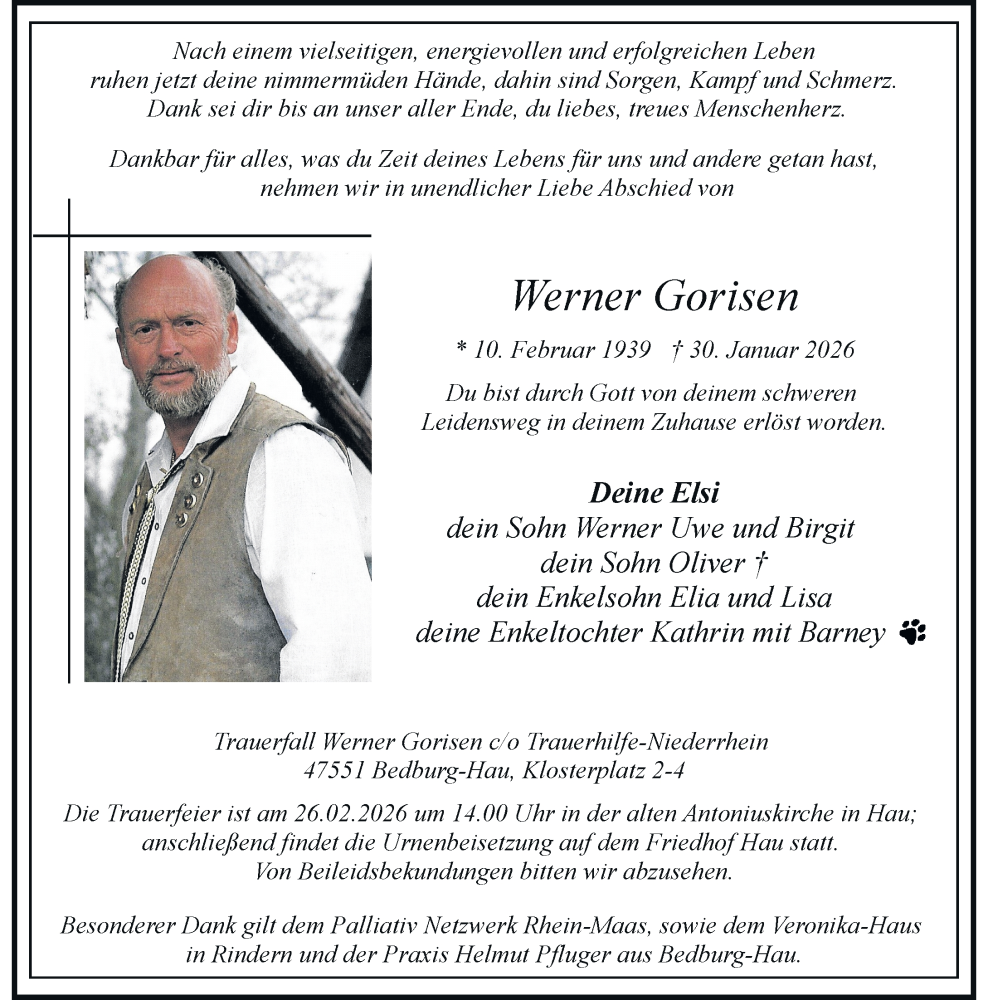  Traueranzeige für Werner Gorisen vom 07.02.2026 aus Rheinische Post