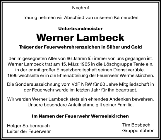 Traueranzeige von Werner Lambeck von Rheinische Post