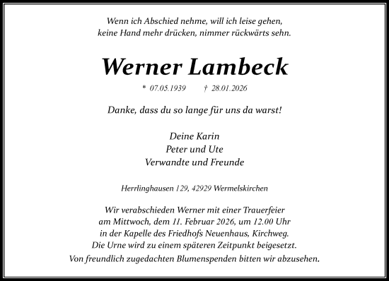 Traueranzeige von Werner Lambeck von Rheinische Post