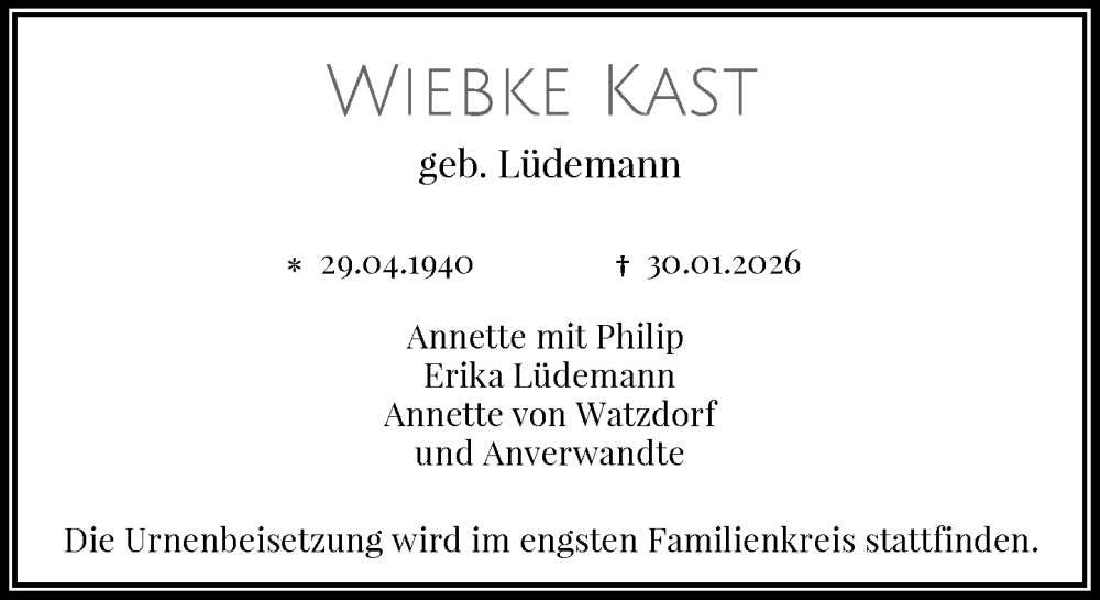  Traueranzeige für Wiebke Kast vom 07.02.2026 aus Rheinische Post