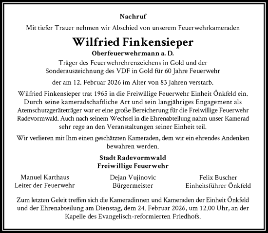 Traueranzeige von Wilfried Finkensieper von Rheinische Post