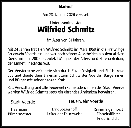 Traueranzeige von Wilfried Schmitz von Rheinische Post