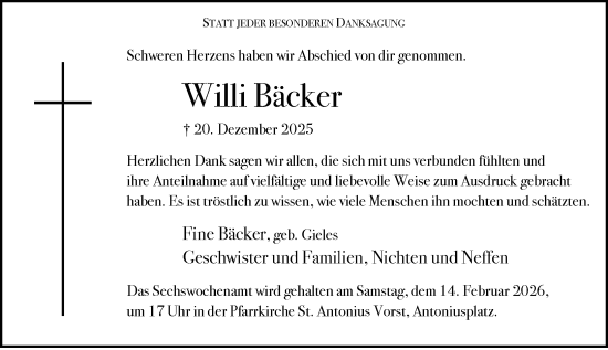 Traueranzeige von Willi Bäcker von Rheinische Post