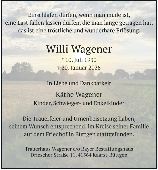 Traueranzeige von Willi Wagener von Rheinische Post