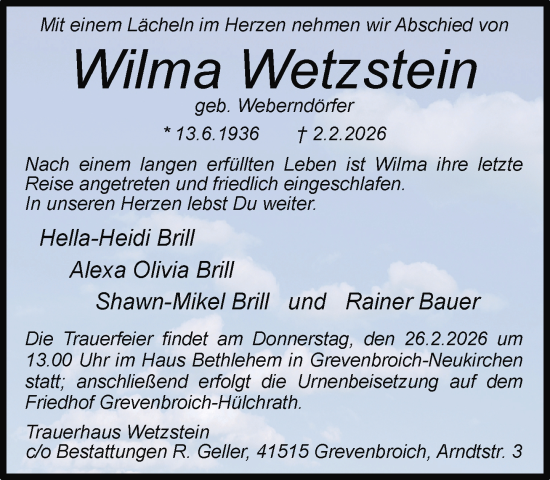Traueranzeige von Wilma Wetzstein von Rheinische Post