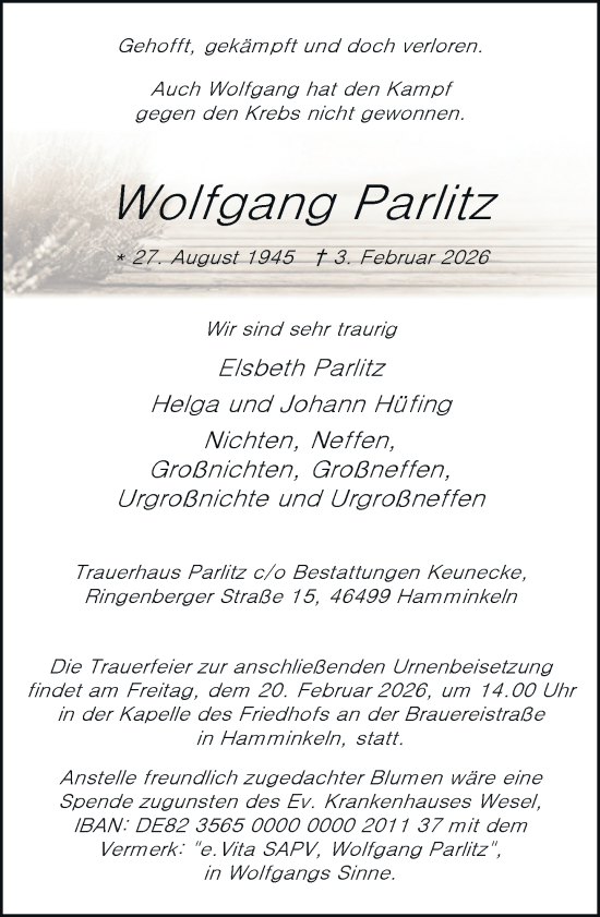 Traueranzeige von Wolfgang Parlitz von Rheinische Post