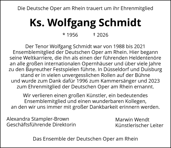 Traueranzeige von Wolfgang Schmidt von Rheinische Post