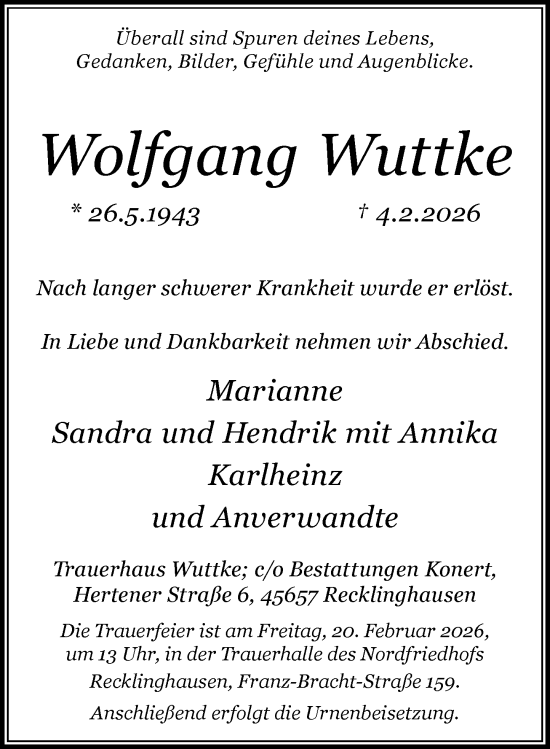 Traueranzeige von Wolfgang Wuttke von Rheinische Post